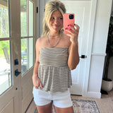 Mocha Striped Strapless Peplum