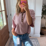 Happy Hour Henley Sweater - mocha + pink