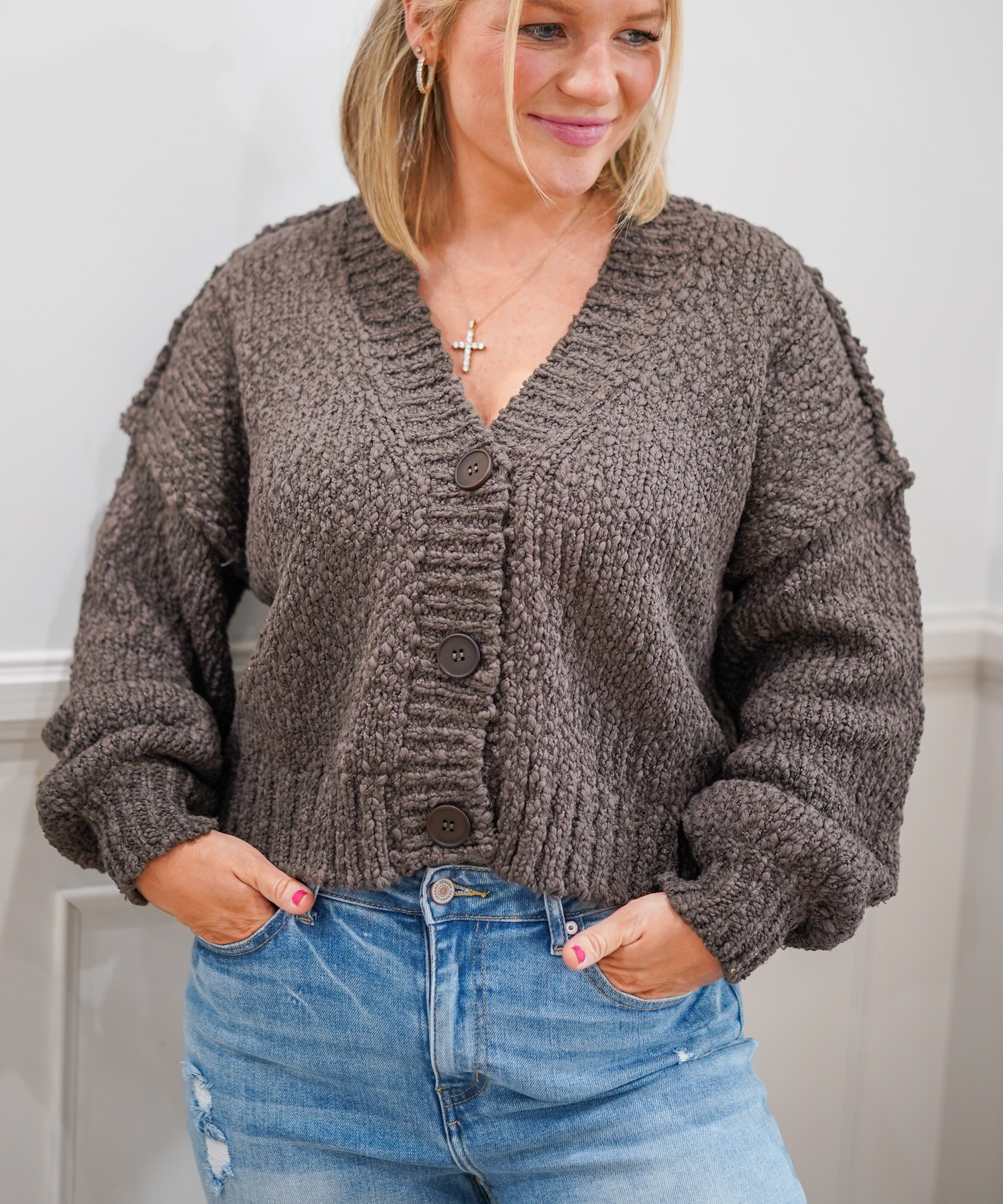 Cropped Popcorn Knit Cardi