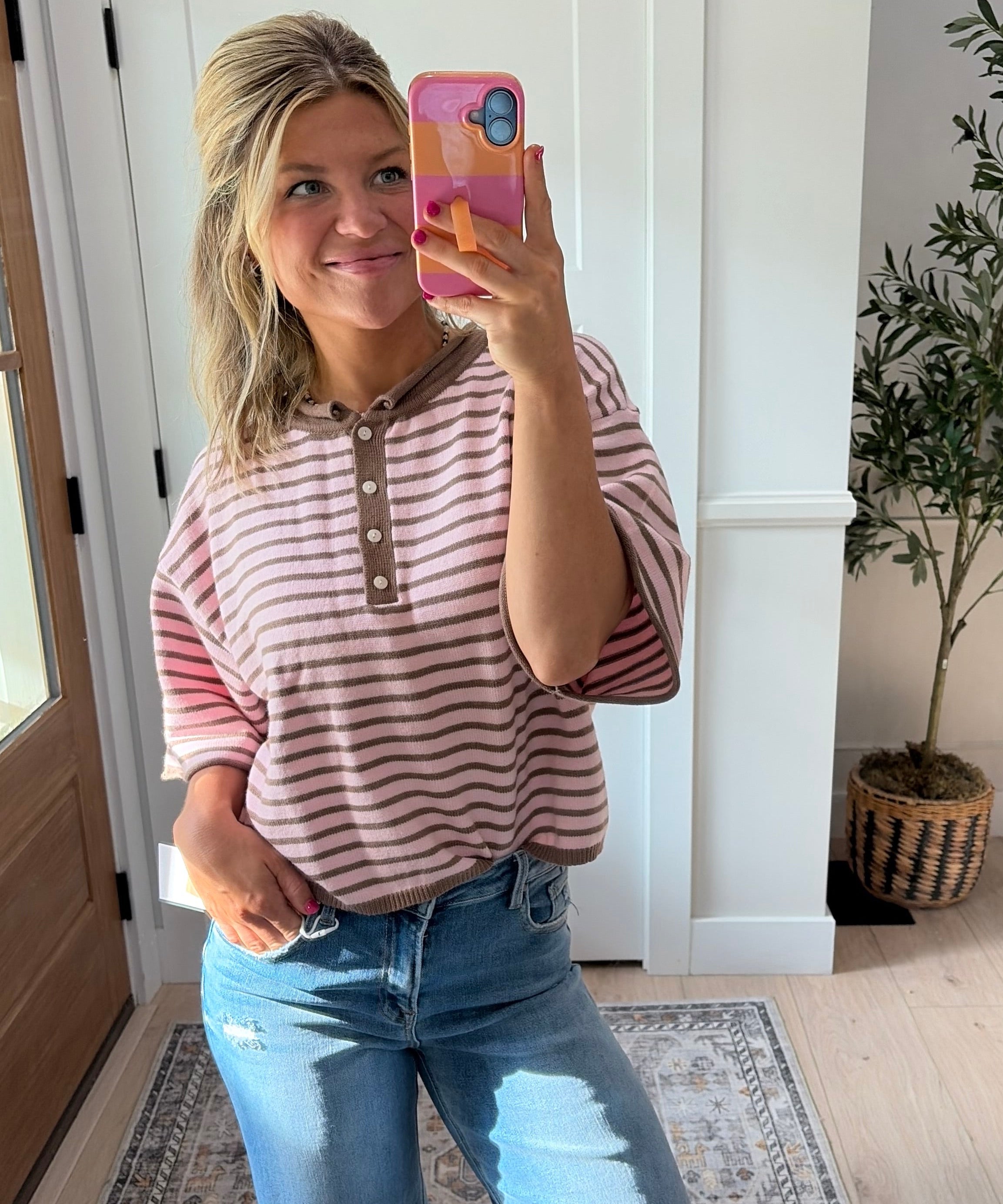 Happy Hour Henley Sweater - mocha + pink